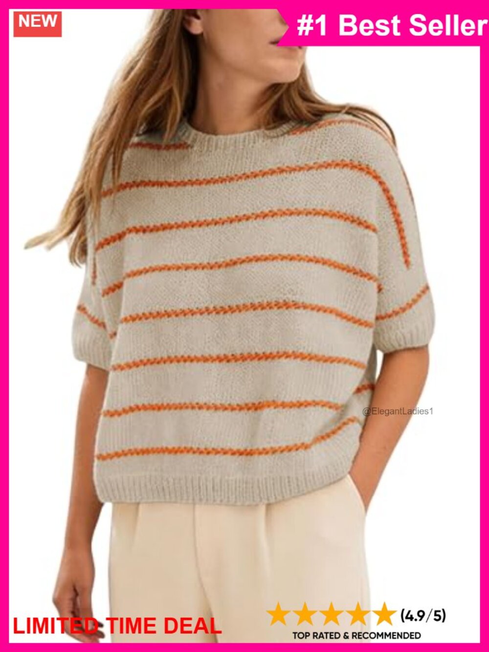 Womens Short Sleeve Striped Cropped Sweater Lightweight Knit Pullover Top